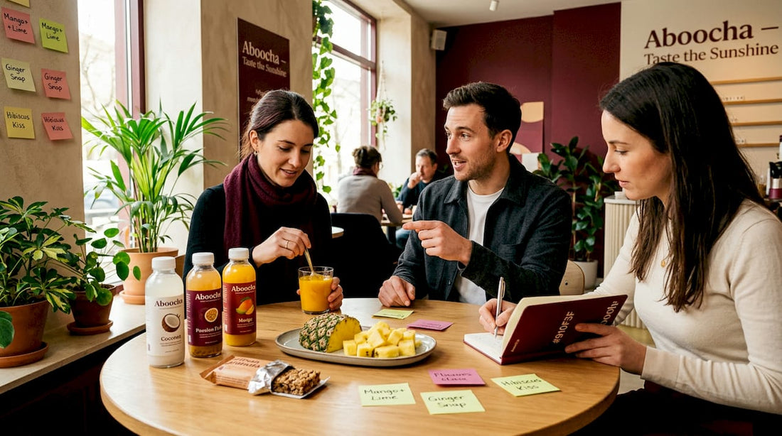 Product developers tasting tropical fruit beverages