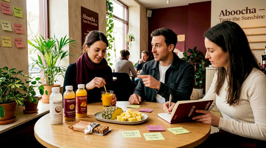 Product developers tasting tropical fruit beverages