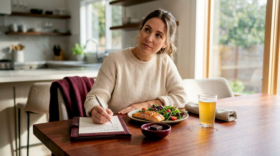 Woman pairing kombucha with home-cooked meal