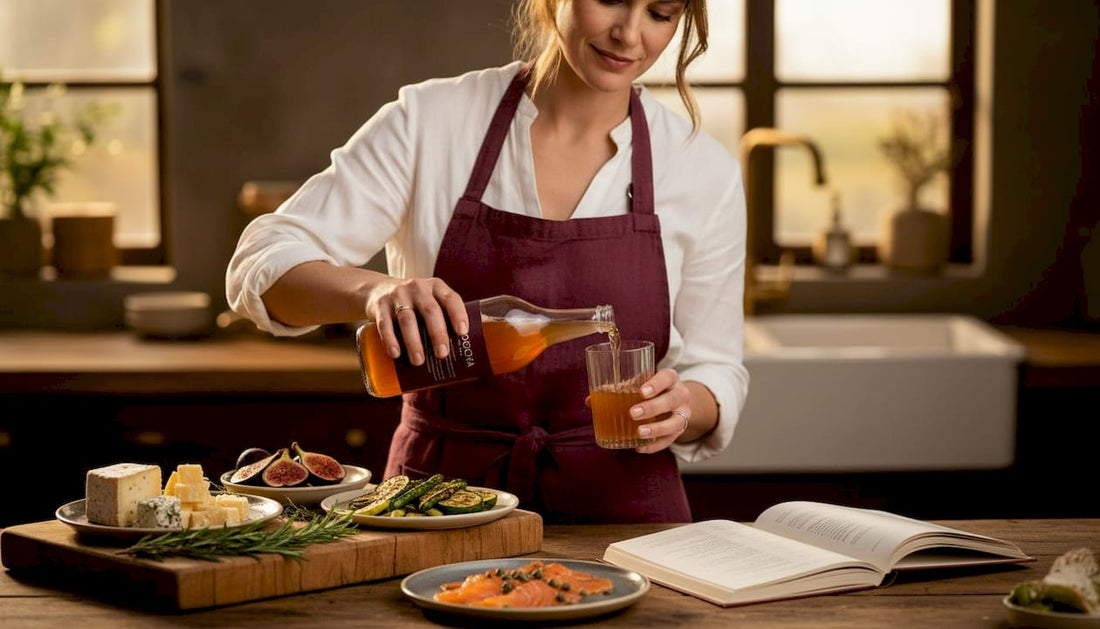 Woman pouring kombucha with food pairings