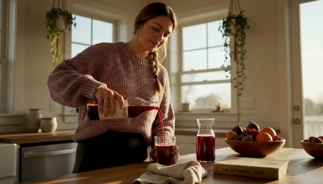 Pouring kombucha in a bright kitchen setting