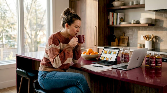 Woman research recipes in home kitchen setting