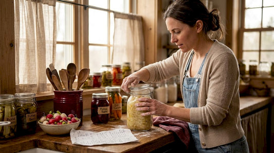 Woman opening sauerkraut jar in kitchen