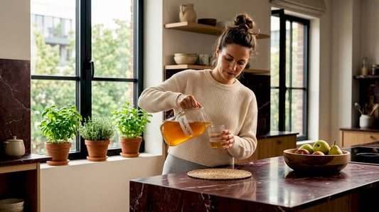 Woman pouring kombucha in natural kitchen setting
