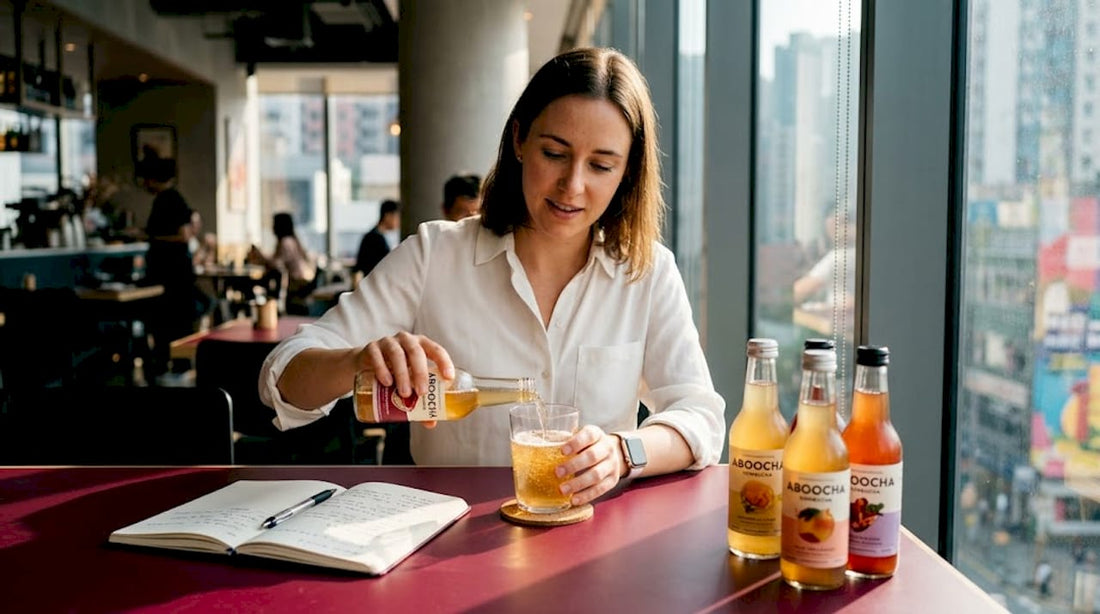 Professional tasting kombucha at conference table