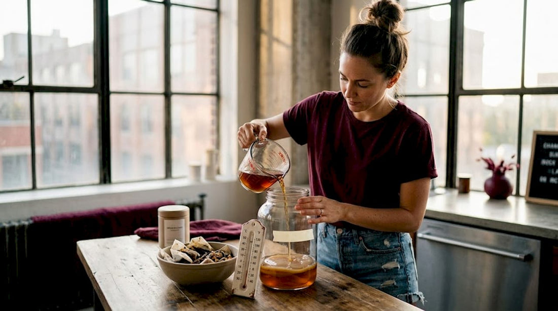Homebrewer pouring tea for kombucha fermentation