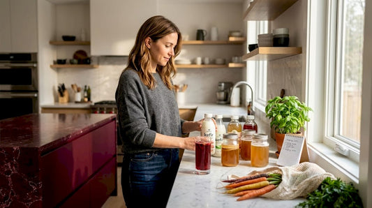 Woman arranging probiotic drinks in kitchen