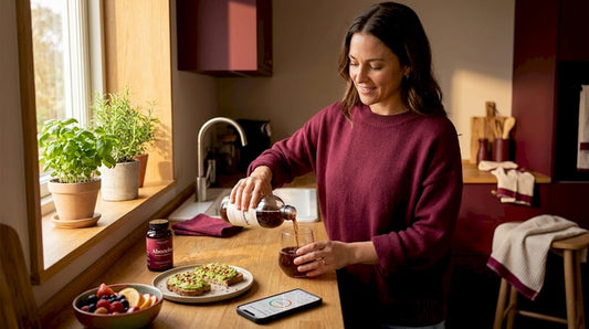 Woman pours kombucha beside probiotic supplements