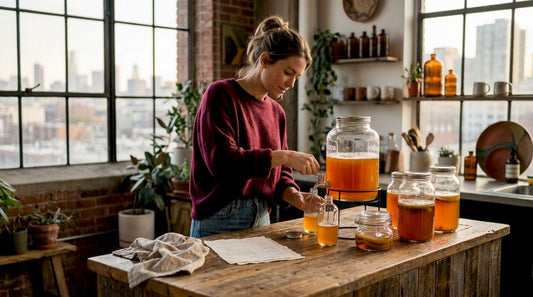 Woman bottling homemade kombucha in kitchen
