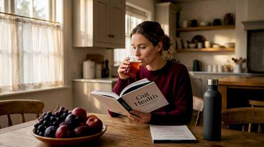 Woman reading gut health book at kitchen table
