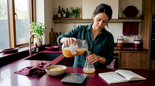 Pouring kombucha in home kitchen chemistry setup