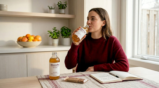 Woman drinking low sugar kombucha at kitchen table
