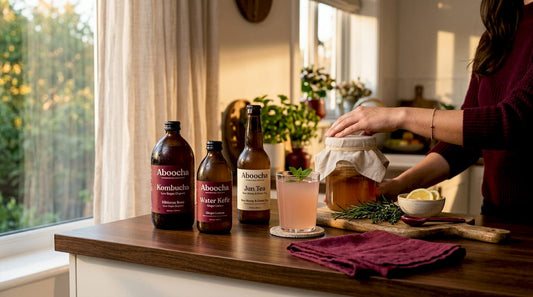 Assortment of low sugar fermented drinks on kitchen counter