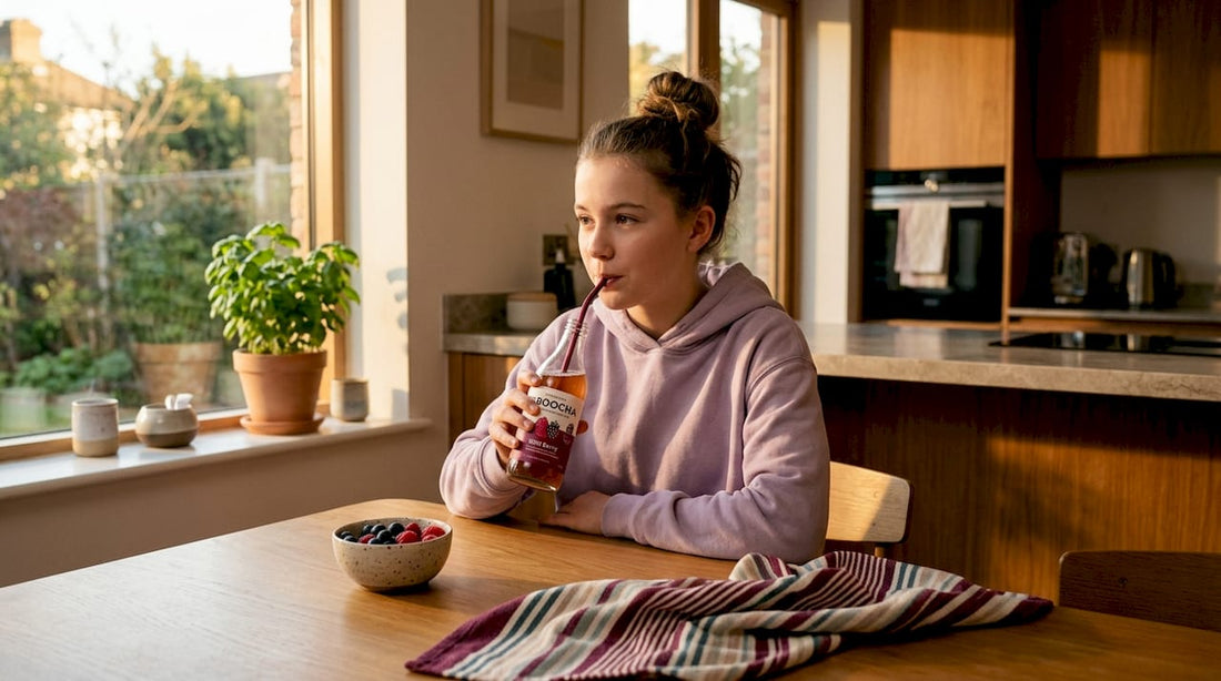Teen girl drinking kombucha at kitchen table