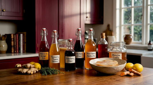 Assortment of fermented beverages on rustic table
