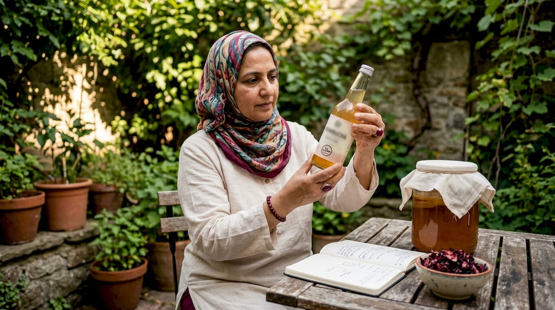 Woman inspecting halal certified kombucha bottle in kitchen