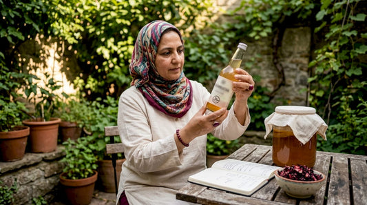 Woman inspecting halal certified kombucha bottle in kitchen