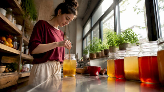 Woman preparing fermented drinks in kitchen