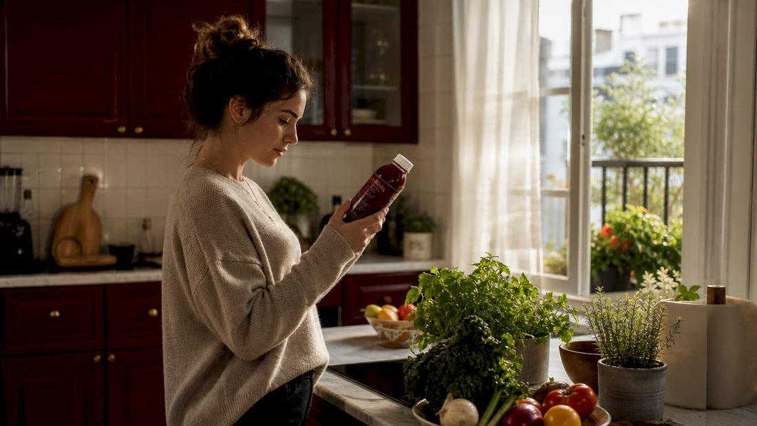 Woman examining added sugar label on drink bottle