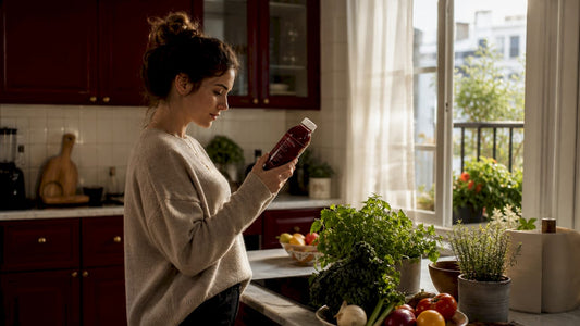 Woman examining added sugar label on drink bottle