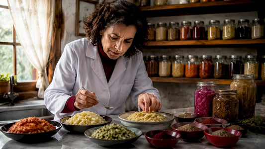 Food scientist examining fermented foods in kitchen