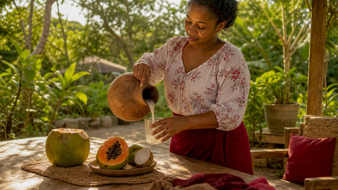 Woman pouring fermented palm wine in tropical kitchen