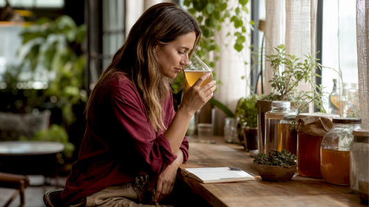 Woman tasting kombucha at home kitchen table
