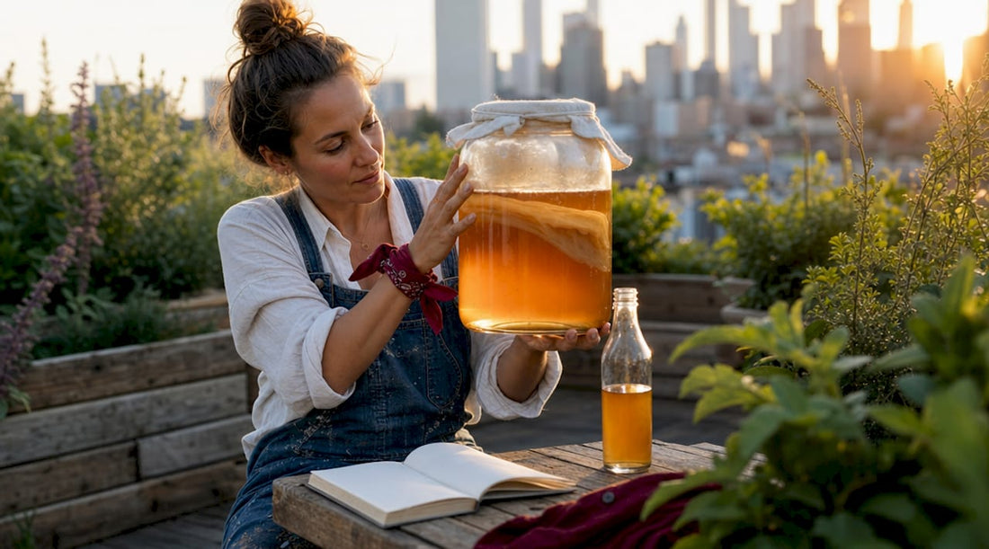Female brewer inspecting local kombucha fermenter
