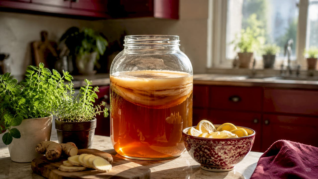 Glass jar with kombucha SCOBY fermenting tea