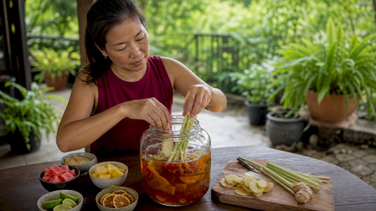Home kombucha brewing with ginger and lemongrass