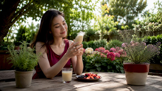 Woman examining probiotic drink in kitchen
