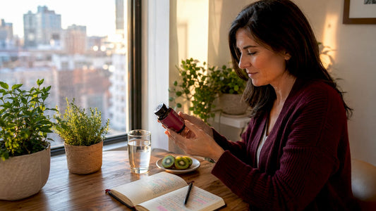 Woman checking probiotic supplement at kitchen table