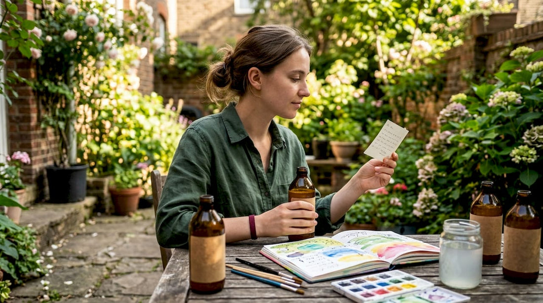 Woman sampling artisanal kombucha at home kitchen table