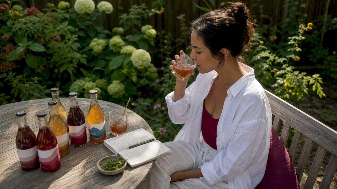 Woman tasting and reviewing assortment of kombucha bottles at home