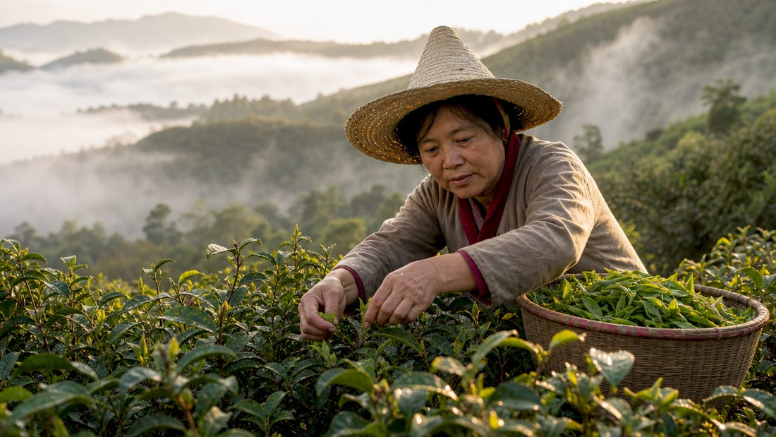 Woman harvesting heirloom tea in mountainous garden