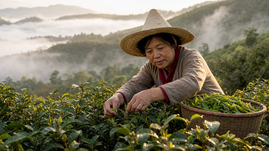 Woman harvesting heirloom tea in mountainous garden