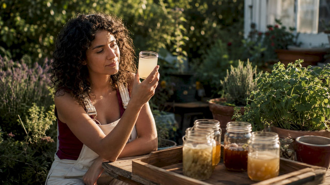 Woman tasting fermented beverage at home kitchen