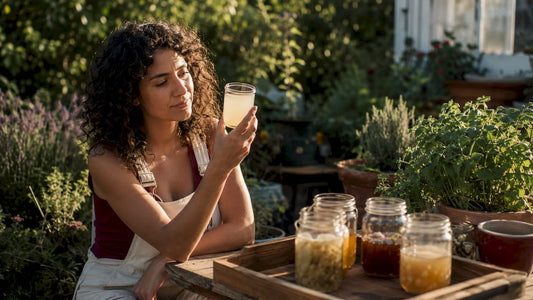Woman tasting fermented beverage at home kitchen