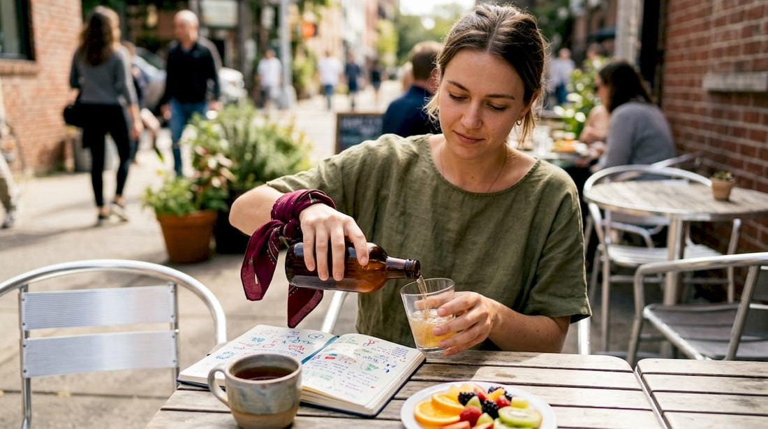 Woman pouring live culture beverage in kitchen