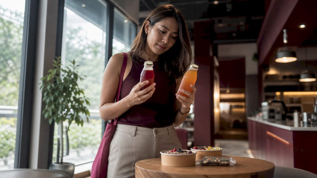 Woman comparing low sugar drinks in supermarket aisle