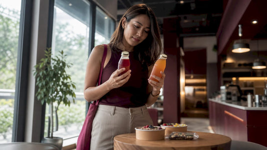 Woman comparing low sugar drinks in supermarket aisle