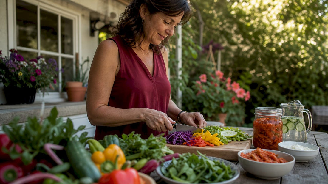 Woman preparing gut-healthy meal at kitchen table
