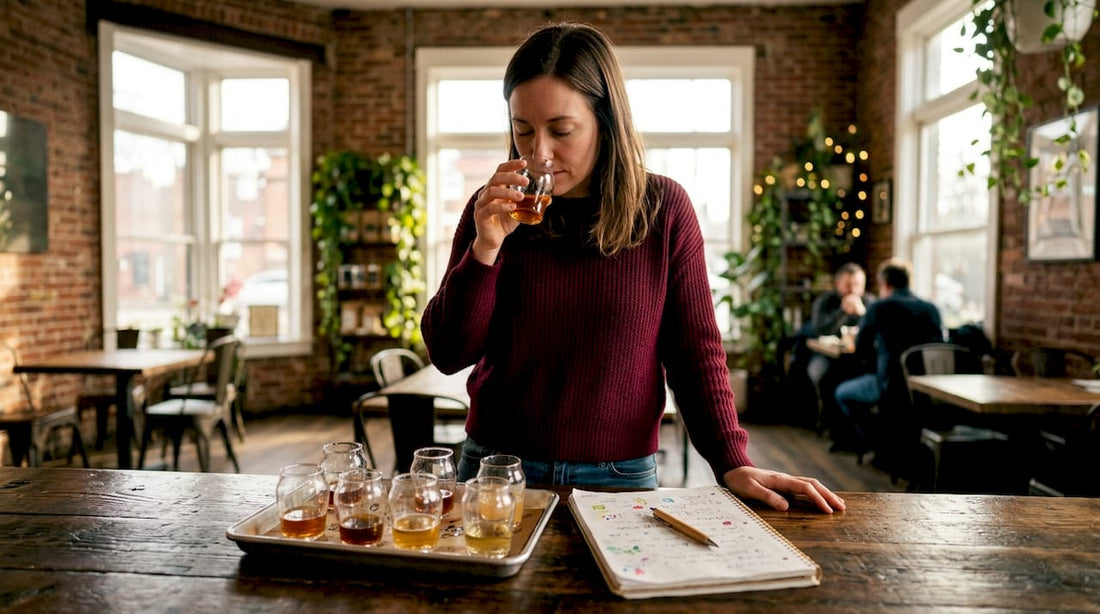 Woman tasting various beverage flavors attentively