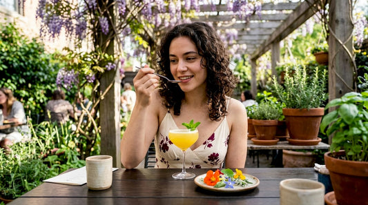 Woman tasting an uncommon flavored drink at home kitchen