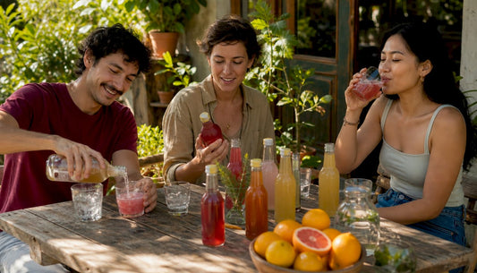 Group tasting diverse fizzy drinks in kitchen