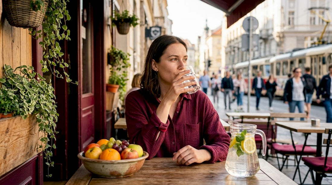 Woman drinking water at kitchen table