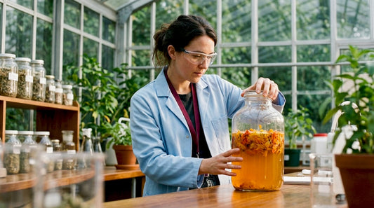 Scientist examining floral fermentation vessel