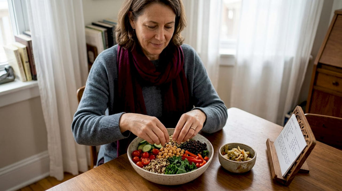 Woman making fiber-rich gut-friendly salad