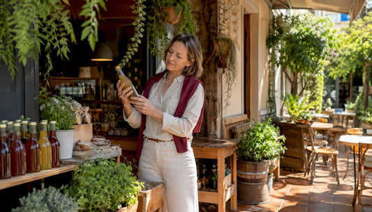 Woman shopping for kombucha in Swiss store