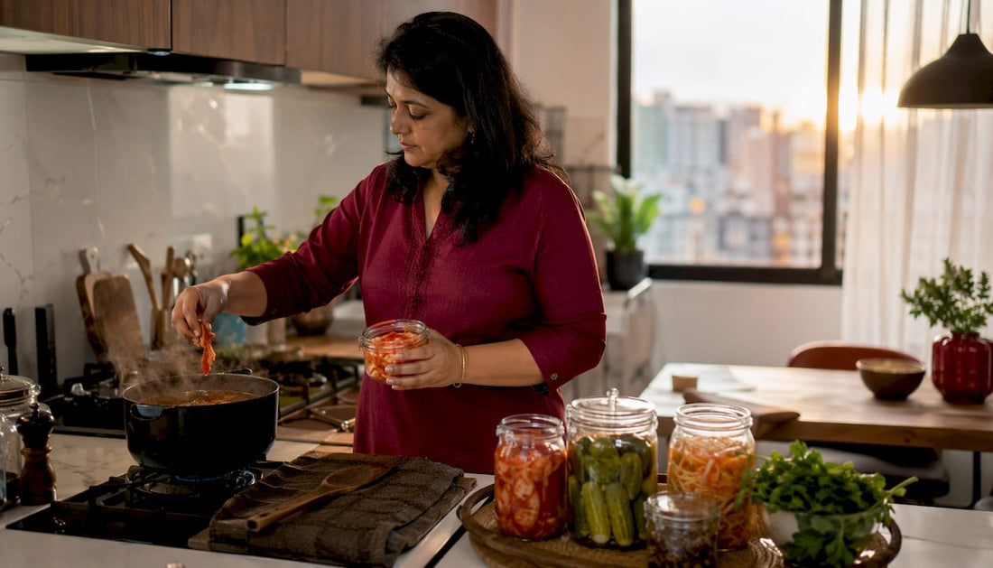 Hands adding fermented ingredients to stew in home kitchen